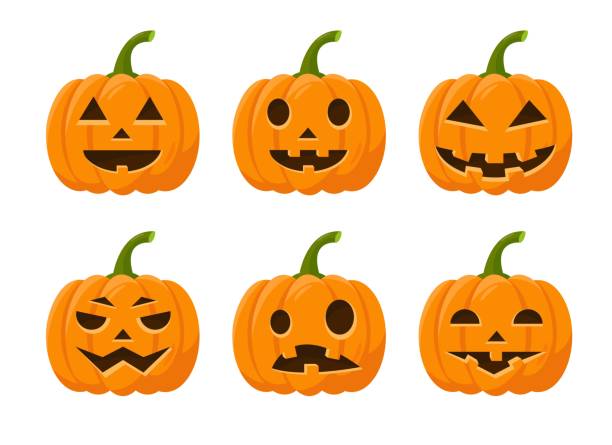 Set of bright Halloween Pumpkin for Autumn holiday. Set of bright Halloween Pumpkin isolated on white background. Funny pumpkins faces with different emotions for Autumn holiday. Vector icon illustration. evil joker silhouette stock illustrations