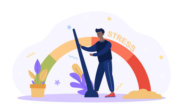 Stress level concept Stress level concept. Man solves problems and reduces psychological pressure. Character tired because of the emotional and work load. Cartoon flat vector illustration isolated on a white background Tensed stock illustrations