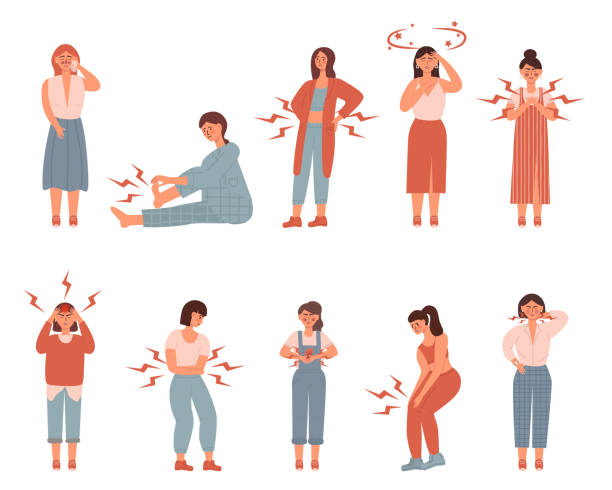 Set of unhappy womens. suffering pain or ache in different body parts - chest, neck, leg, back, stomack. Vector illustration in flat style. Healthcare, sickness, disease concept, isolated on a white Set of unhappy womens. suffering pain or ache in different body parts - chest, neck, leg, back, stomack. Vector illustration in flat style. Healthcare, sickness, disease concept, isolated on a white. headache menstruation pain cramp stock illustrations