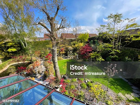 istock Image of sunny summer back garden, stepping stone pathway between koi pond and lawn, bonsai tree Japanese maples display, landscaped oriental Zen plants and upvc conservatory with glass roof 1332199182