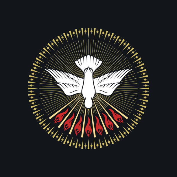 christliche illustration. das bild einer taube - ein symbol des heiligen geistes gottes, frieden, ruhe und demut, im kontext des symbols der heiligen dreifaltigkeit. - pfingsten stock-grafiken, -clipart, -cartoons und -symbole
