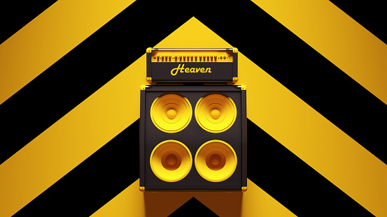 Yellow Black Concert Speakers Vintage Music Audio Equipment Post-Punk Stereo with Yellow an Black Chevron Background 3d illustration render