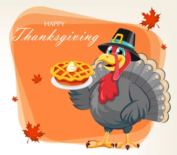Vector illustration of Happy Thanksgiving. Funny cartoon turkey bird
