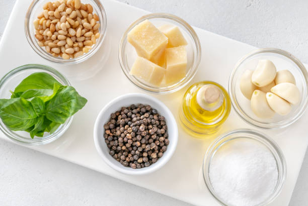Ingredients for pesto Ingredients for pesto - famous Italian sauce pecorino romano stock pictures, royalty-free photos & images