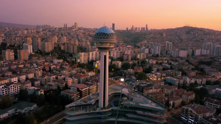 Atakule Tower Drone View in the Evening from Capital City Ankara