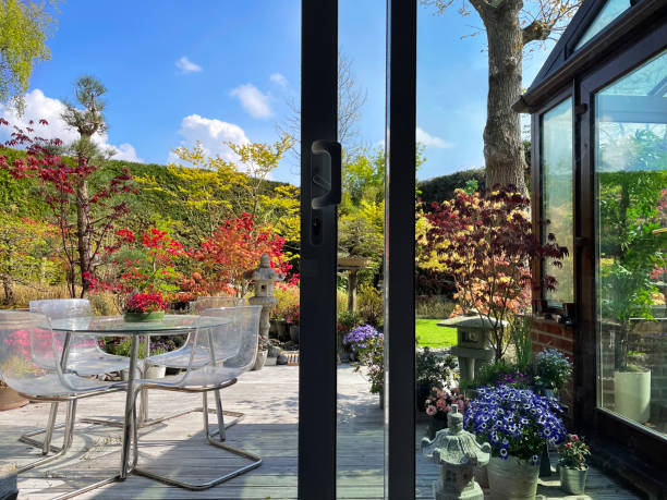 Photo showing a landscaped contemporary Japanese garden with a large expanse of whitewashed timber decking, providing a family space for outdoor furniture as viewed from sliding patio doors. imagen de puertas correderas del patio que se abren a cubiertas de madera encaladas y acanaladas, vista de plantas con flores en macetas, césped verde segado, arces japoneses, linternas de piedra y adornos de estatuas de jardín, cielo azul y soleado