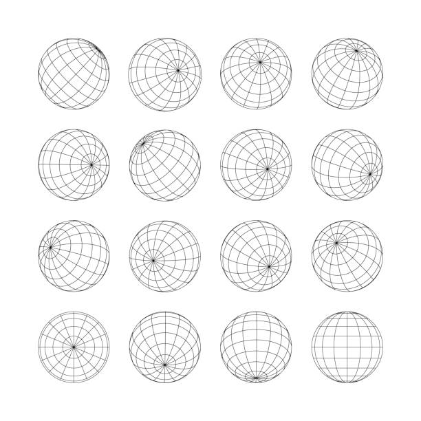 erdgitterglobus 3d-kugel isoliert auf weiß gesetzt - connection in a row striped globe stock-grafiken, -clipart, -cartoons und -symbole
