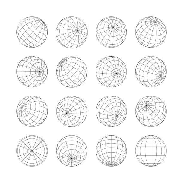 illustrazioni stock, clip art, cartoni animati e icone di tendenza di globo griglia terrestre sfera 3d isolata impostata su bianco - connection in a row striped globe