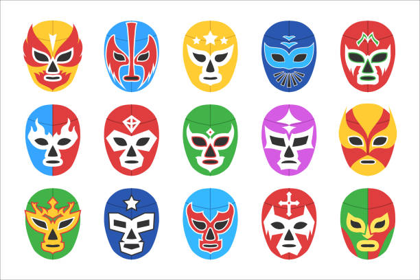 Colorful lucha libre mask for wrestling show isolated set Colorful lucha libre mask for wrestling show isolated set. mexican for traditional fight game, extreme sport fighter disguise design vector illustration isolated on white background hardcore music style stock illustrations