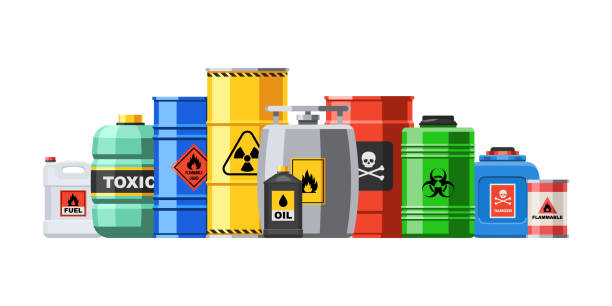 verschiedene behälter mit gefährlicher chemischer flüssigkeit in reihenlinie - toxic substance stock-grafiken, -clipart, -cartoons und -symbole