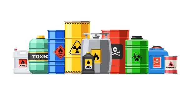 Vector illustration of Different container with hazard chemical liquid in row line