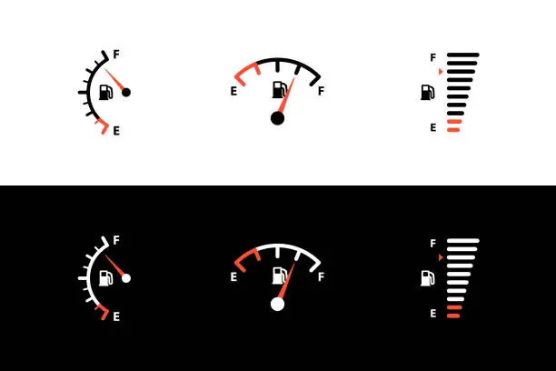 Vector illustration of Fuel tank indicator with gas, petrol, diesel gauge set