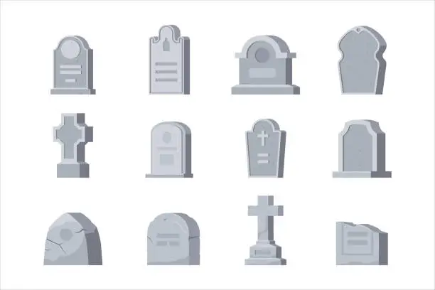 Vector illustration of Cemetery set, graveyard tombstone of different shape