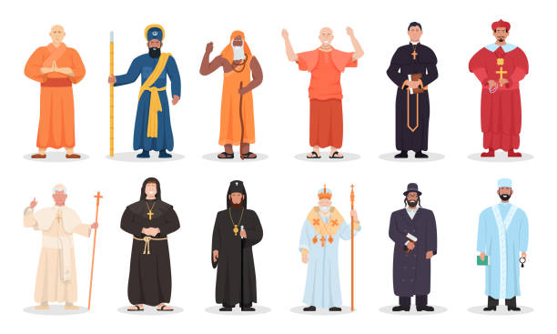 Religion leader of different confession isolated set Religion leader and religious priest of different confession. Set of various faith belief prayer in muslim, christian, judaism, buddhism mantle uniform vector illustration isolated on white background religion-diversity stock illustrations