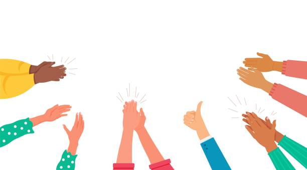 Human hands clapping giving ovation, greetings and support Human hands clapping giving ovation, greetings and support. Congratulation and appreciation excitement multicultural people crowd audience applauding vector illustration on white background Applauding stock illustrations