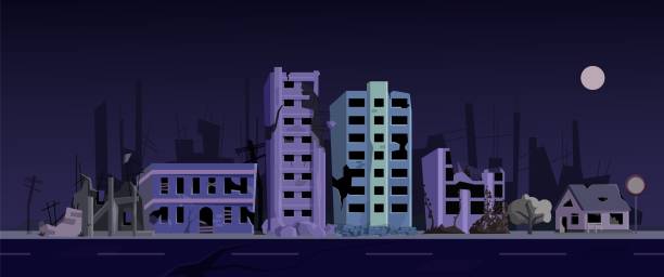 ilustraciones, imágenes clip art, dibujos animados e iconos de stock de calle del gueto de la ciudad en la escena de miedo de la noche con la casa abandonada - run down illustrations