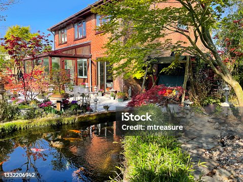 istock Close-up image of home exterior, garden decking patio by house and conservatory with green swing seat beside koi pond surrounded by bamboo hedge, red and white koi carp fish swimming in clear water 1332206942