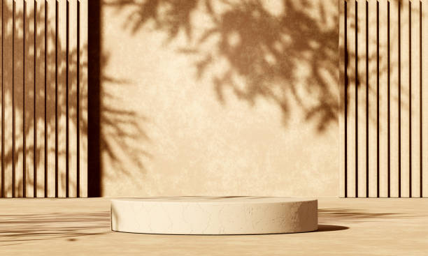 istock 3D beige concrete podium display with lights and plants shadows 1332207518