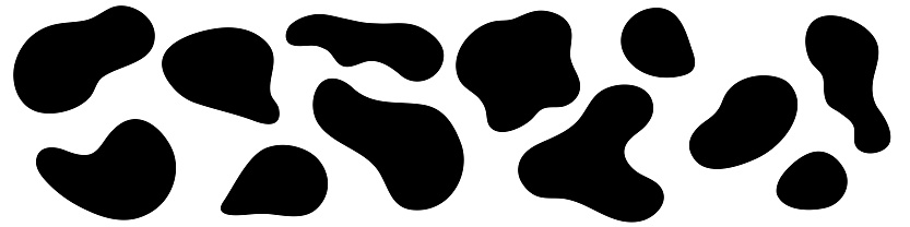 Amorphous blob shapes. Black amoeba asymmetric shapes, abstract liquid form,  smooth geometric elements isolated on white backgtound. Flat style design. Vector illustration