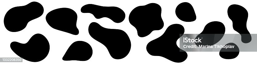 istock Amorphous blob shapes. Black amoeba asymmetric shapes, abstract liquid form,  smooth geometric elements isolated on white backgtound. Flat style design. Vector illustration 1332208350