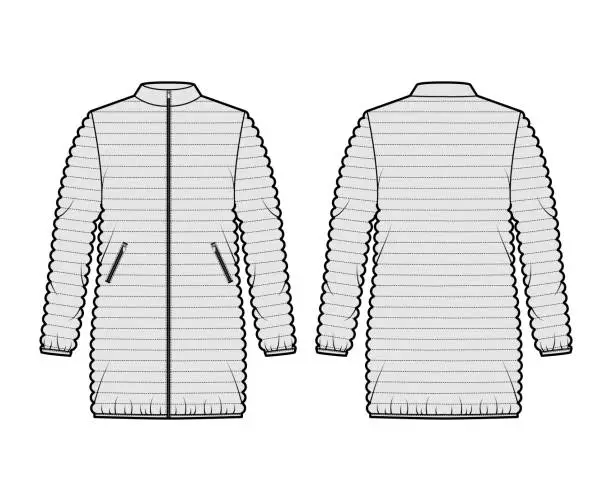 Vector illustration of Down puffer coat jacket technical fashion illustration with long sleeves, stand collar, hip length, narrow quilting