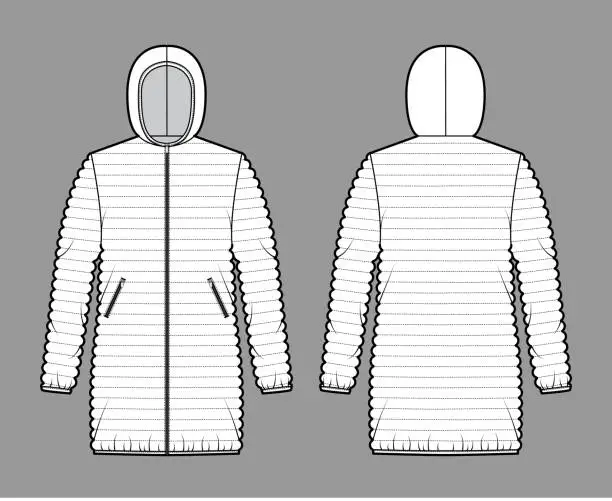 Vector illustration of Down puffer coat jacket technical fashion illustration with long sleeves, hoody collar, pockets, oversized, hip length