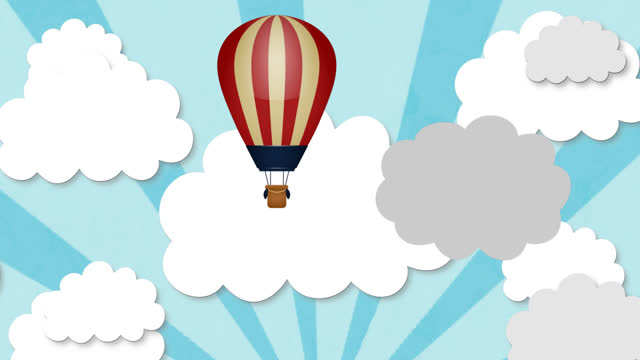 Animation of clouds and hot air balloon over grey background