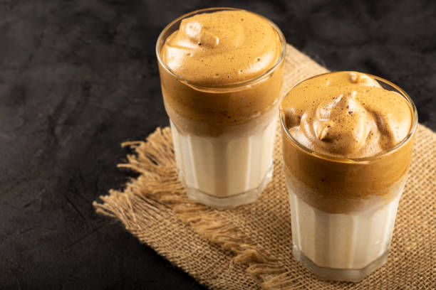 istock Iced Dalgona Coffee, glass with milk and coffee cream. 1332214998