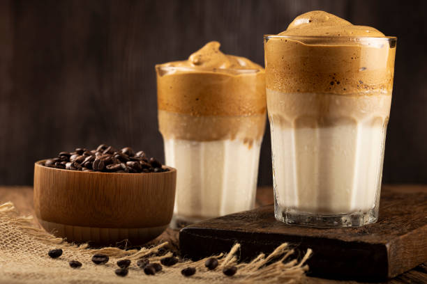 istock Iced Dalgona Coffee, glass with milk and coffee cream. 1332215017