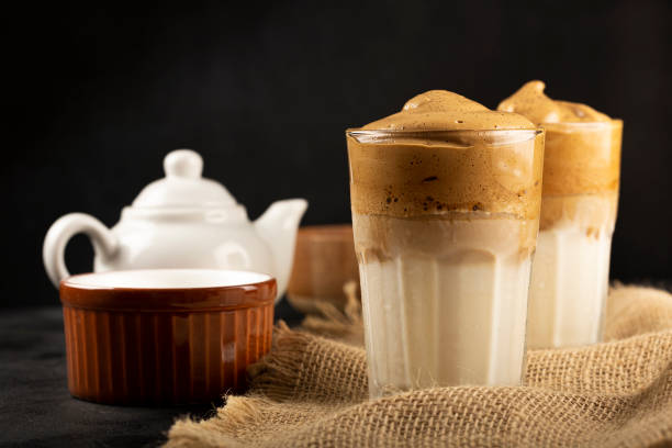 istock Iced Dalgona Coffee, glass with milk and coffee cream. 1332215053