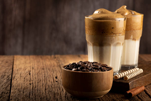 istock Iced Dalgona Coffee, glass with milk and coffee cream. 1332215136