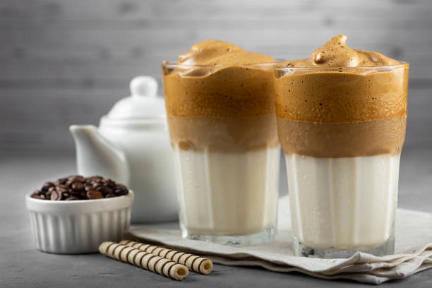 istock Iced Dalgona Coffee, glass with milk and coffee cream. 1332215137