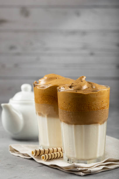 istock Iced Dalgona Coffee, glass with milk and coffee cream. 1332215141