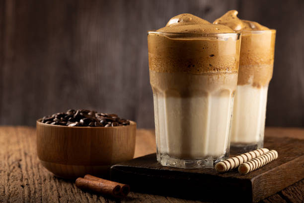 istock Iced Dalgona Coffee, glass with milk and coffee cream. 1332215145
