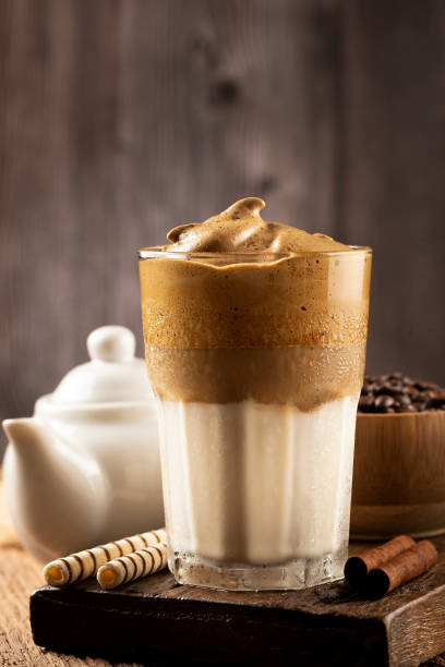 istock Iced Dalgona Coffee, glass with milk and coffee cream. 1332215150