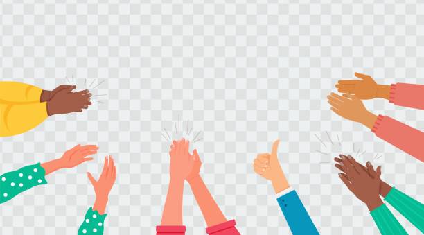 Male and female hands clapping over transparent background Multiracial male and female hands clapping bravo applause. Audience greeting showing cheer expression, giving positive feedback and support vector illustration over transparent background encouragement stock illustrations