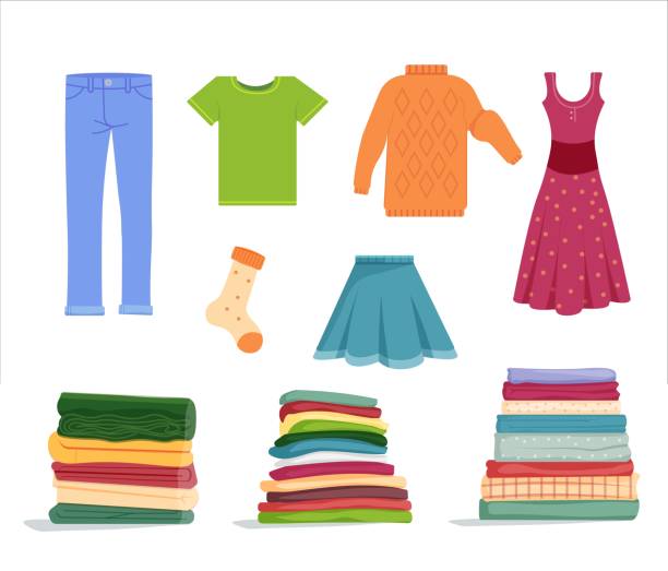 Tidy clean clothes folded in stack and drying wear set Tidy clean clothes folded in stack and drying wear set. Pile of washed clothing, neat apparel, stacked soft towel and blanket, drying dress, pants and sweater vector illustration isolated on white folded sweater stock illustrations