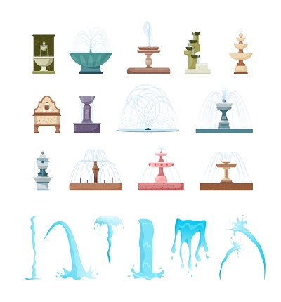 Different type of fountain, pouring water flow splash set. Waterfall marble statue monument various shape and pure aqua stream, trickle vector illustration isolated on white background