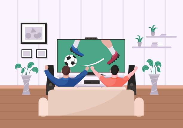 ilustraciones, imágenes clip art, dibujos animados e iconos de stock de amigos viendo fútbol en la sala de estar de casa - sport watching television broadcasting television