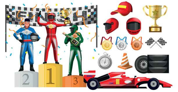 Winner reward ceremony in motor race formula car competition Winner reward ceremony in motor race formula car competition. Racing transport driver on podium under confetti rain and racing attribute collection vector illustration isolated on white background race car driver stock illustrations