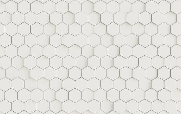istock Hexagonal abstract background, depth of field effect. Modern cellular honeycomb 3d panel with white hexagons. Ceramic, plastic tile. 3d wall texture.  Geometric background for interior wallpaper design 1332216762