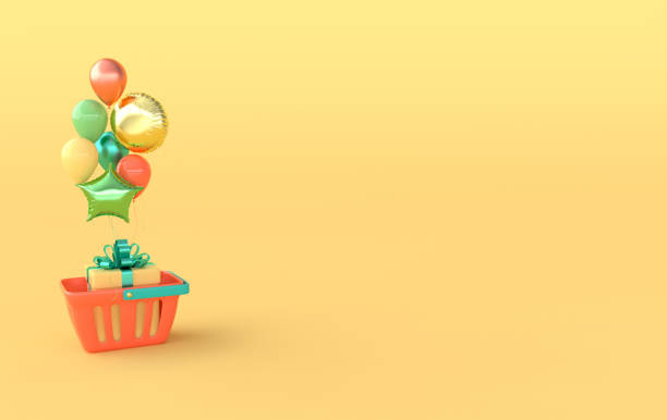 istock Shopping basket with present box and colorful balloons. 3d render 1332216787