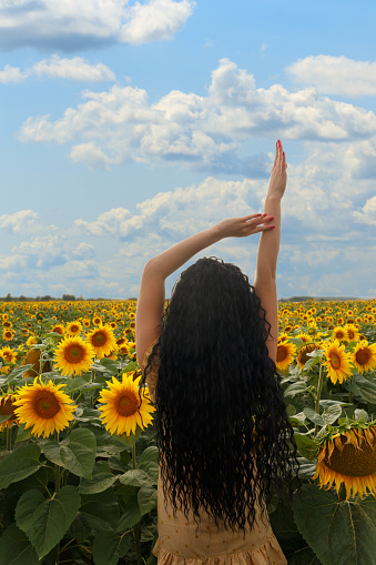 young female with black curly hair in yellow dress stay in sunflower field, showing back and hair