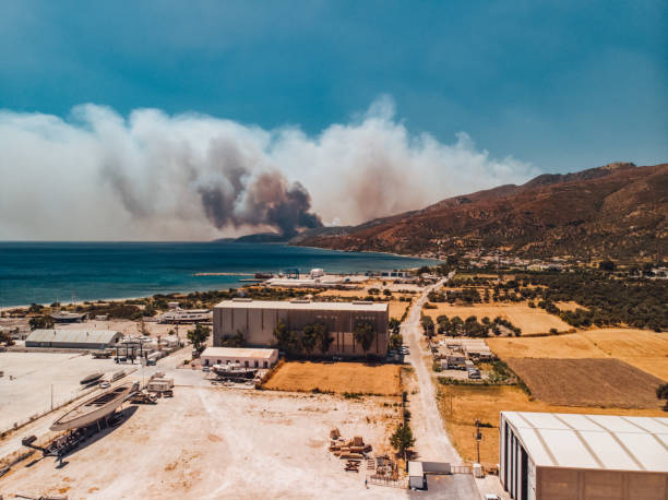istock Aerial View Forest Fire in Red Pine Forests at Coastline 1332222710
