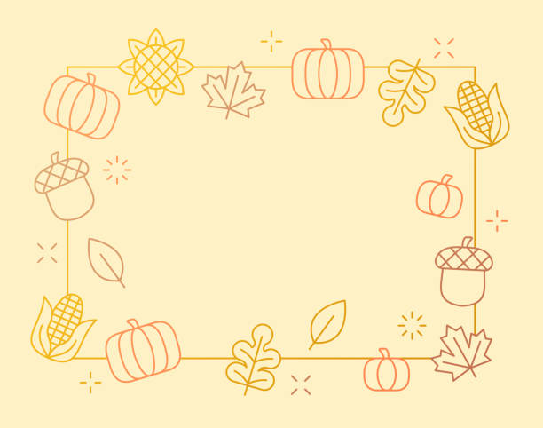 ilustraciones, imágenes clip art, dibujos animados e iconos de stock de símbolos de otoño del marco de línea de acción de gracias - calabaza no comestible ilustraciones