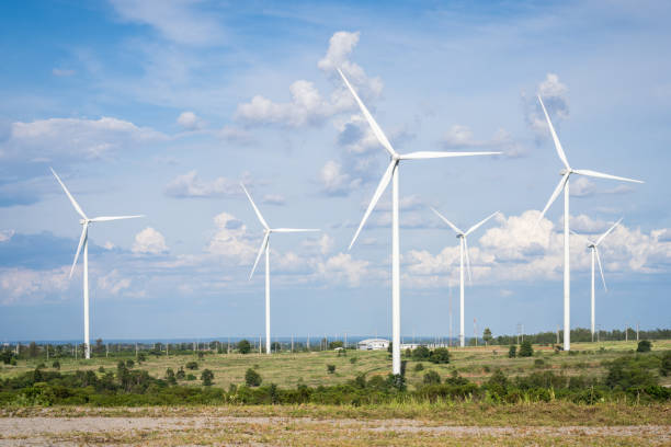 wind mill energy farm stock photo