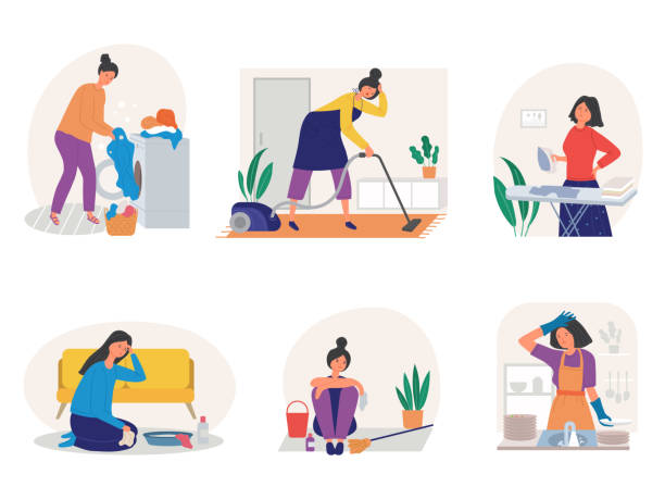 bildbanksillustrationer, clip art samt tecknat material och ikoner med sad housework woman. unhappy daily routine activities girl mother washing utensils ironing cleaning bathing kids recent vector flat stylized characters isolated - hemmavarande förälder