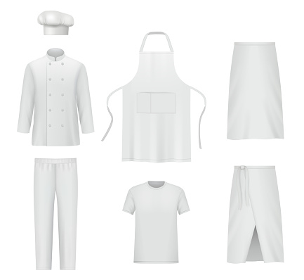 Professional clothes. Chef uniform pants and jacket realistic suit of cook for preparing food decent vector mockup collection. Illustration chef professional clothing uniform, pants and jacket to wear