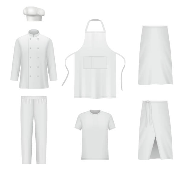 Professional clothes. Chef uniform pants and jacket realistic suit of cook for preparing food decent vector mockup collection Professional clothes. Chef uniform pants and jacket realistic suit of cook for preparing food decent vector mockup collection. Illustration chef professional clothing uniform, pants and jacket to wear white chef pants stock illustrations