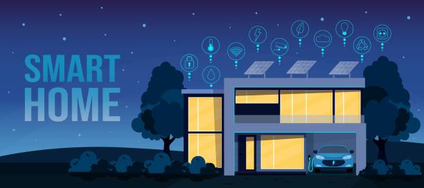 ilustrações de stock, clip art, desenhos animados e ícones de eco friendly, smart house concept with flat style icons. - solar panels house